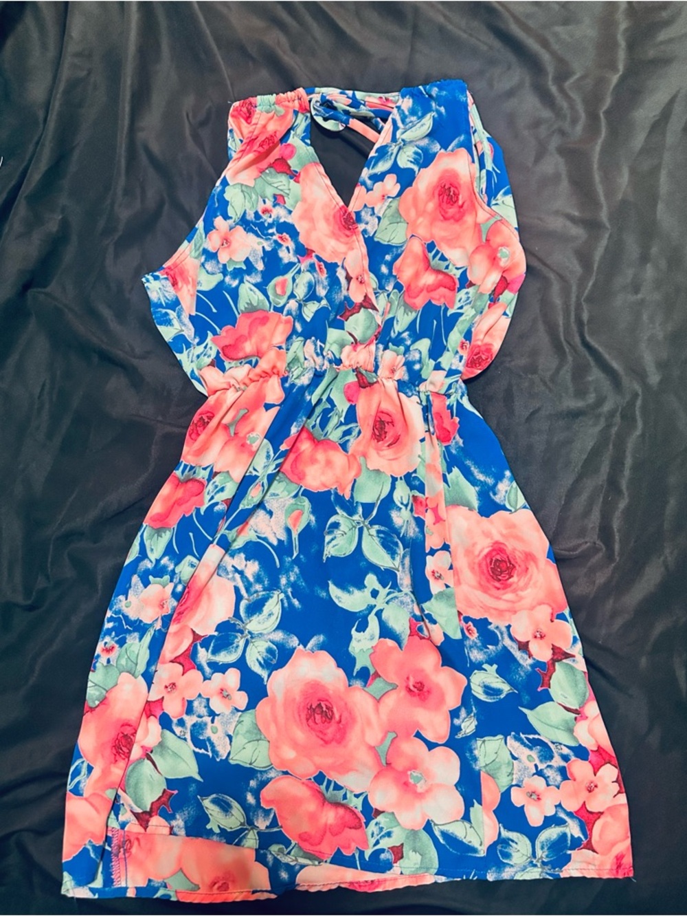 Floral Halter Women’s Dress in Bright Blue and Coral